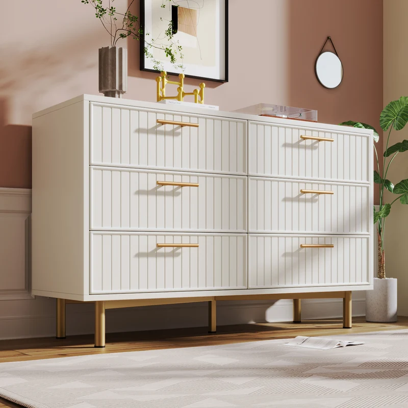 Buffet blanc design rayuré 6 tiroirs détails dorés 120x75x40 cm INFINITEQUASARX