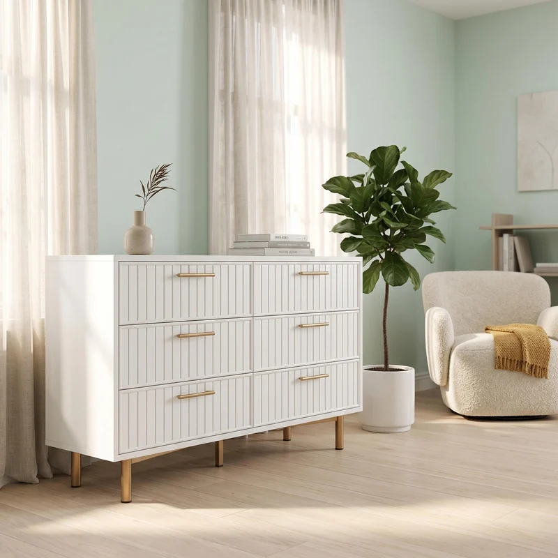 Buffet blanc design rayuré 6 tiroirs détails dorés 120x75x40 cm INFINITEQUASARX