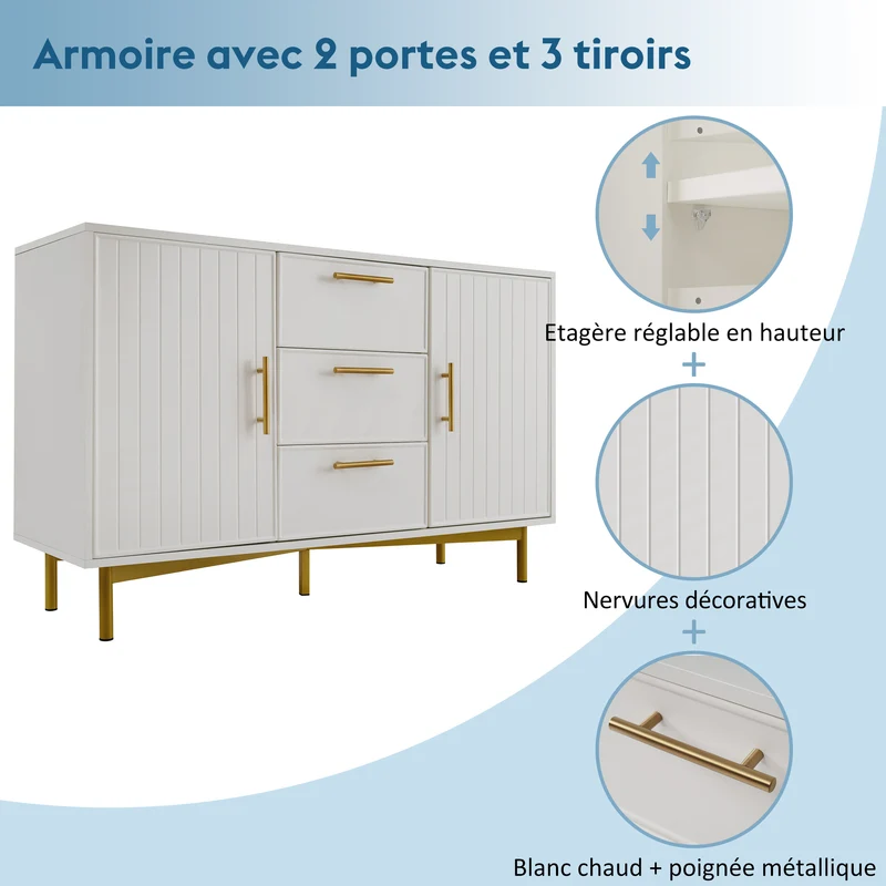 Buffet blanc 2 portes 3 tiroirs et détails dorés INFINITENEXUSA