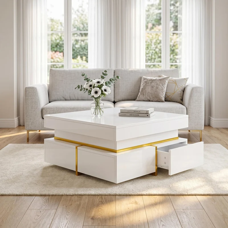 Table basse blanc brillant avec tiroirs et accents dorés 70x70cm INFINITEVEXX