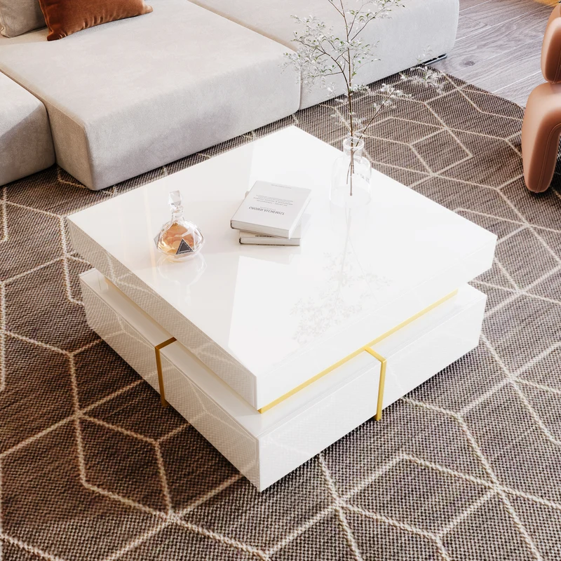 Table basse blanc brillant avec tiroirs et accents dorés 70x70cm INFINITEVEXX