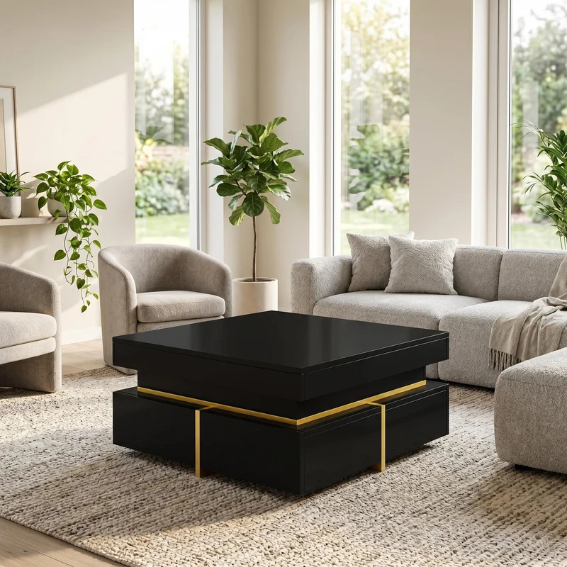 Table basse noir brillant avec 2 tiroirs et accents dorés INFINITERIFTZ