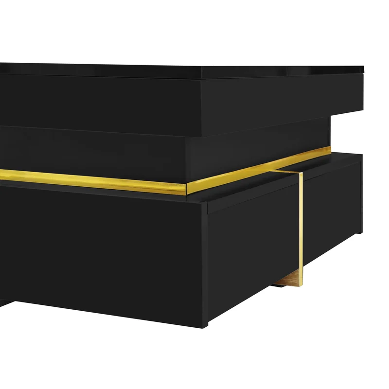 Table basse noir brillant avec 2 tiroirs et accents dorés INFINITERIFTZ