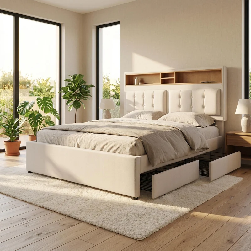 Lit double lin beige avec 4 tiroirs, rangement tête de lit et réglable, ports USB-C INFINITEQUAZX