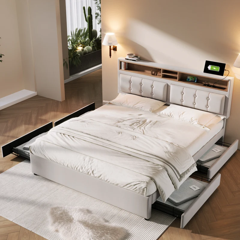 Lit double lin beige avec 4 tiroirs, rangement tête de lit et réglable, ports USB-C INFINITEQUAZX