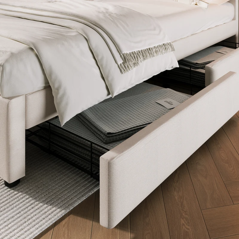 Lit double lin beige avec 4 tiroirs, rangement tête de lit et réglable, ports USB-C INFINITEQUAZX