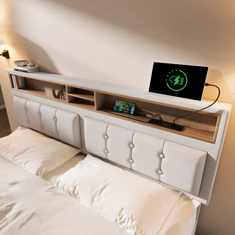 Lit double lin beige avec 4 tiroirs, rangement tête de lit et réglable, ports USB-C INFINITEQUAZX