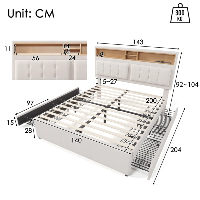 Lit double lin beige avec 4 tiroirs, rangement tête de lit et réglable, ports USB-C INFINITEQUAZX