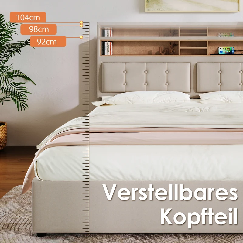 Lit double lin beige avec 4 tiroirs, rangement tête de lit et réglable, ports USB-C INFINITEQUAZX
