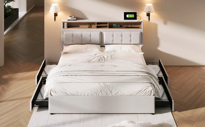 Lit double lin beige avec 4 tiroirs, rangement tête de lit et réglable, ports USB-C INFINITEQUAZX
