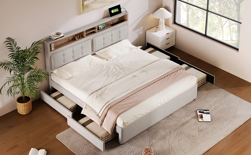 Lit double lin beige avec 4 tiroirs, rangement tête de lit et réglable, ports USB-C INFINITEQUAZX