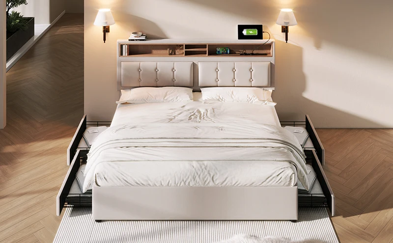 Lit double lin beige avec 4 tiroirs, rangement tête de lit et réglable, ports USB-C INFINITEQUAZX