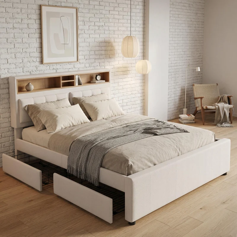 Lit double lin beige avec 4 tiroirs, rangement tête de lit et réglable, ports USB-C INFINITEQUAZX