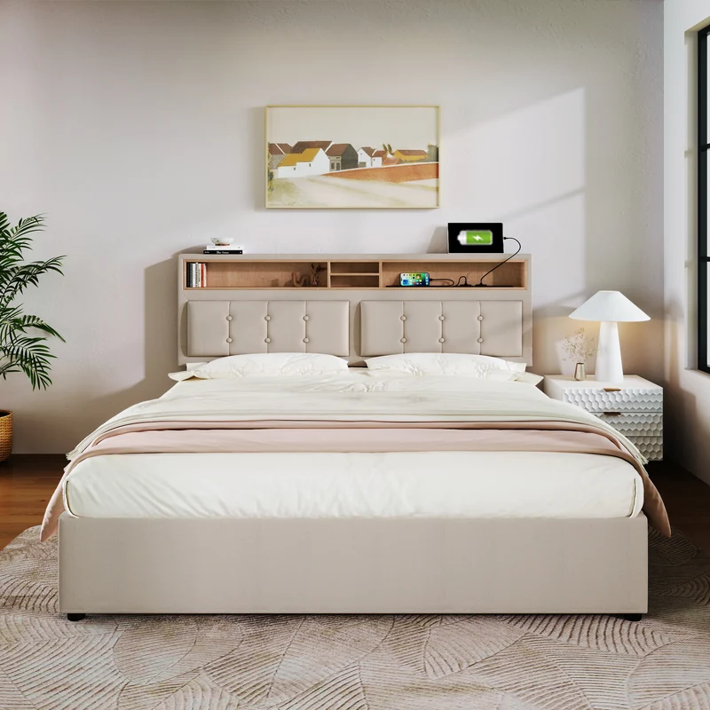 Lit double lin beige avec 4 tiroirs, rangement tête de lit et réglable, ports USB-C INFINITEQUAZX