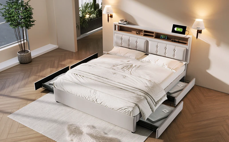 Lit double lin beige avec 4 tiroirs, rangement tête de lit et réglable, ports USB-C INFINITEQUAZX