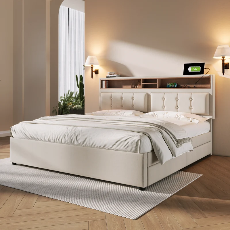 Lit double lin beige avec 4 tiroirs, rangement tête de lit et réglable, ports USB-C INFINITEQUAZX