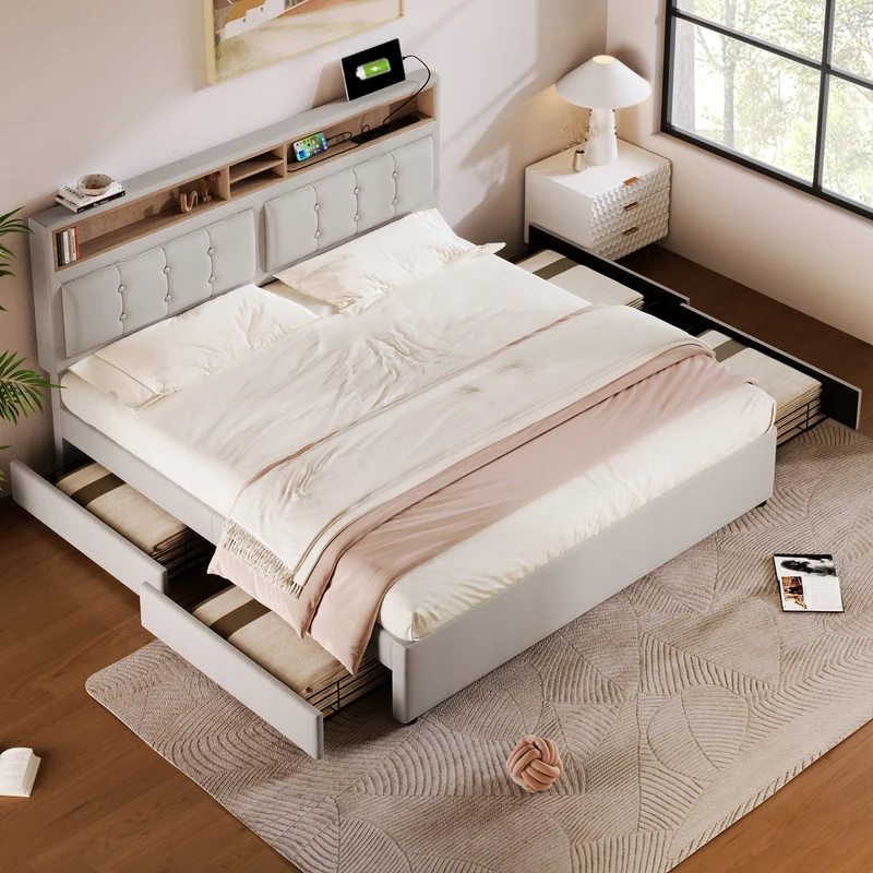Lit double lin beige avec 4 tiroirs, rangement tête de lit et réglable, ports USB-C INFINITEQUAZX