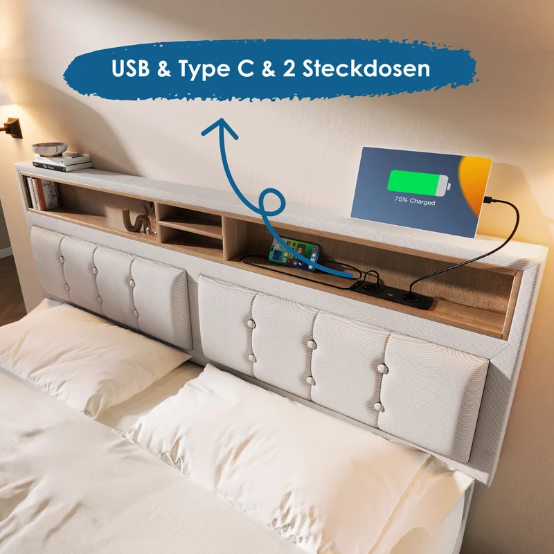 Lit double lin beige avec 4 tiroirs, rangement tête de lit et réglable, ports USB-C INFINITEQUAZX