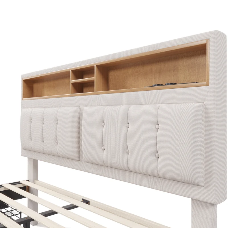 Lit double lin beige avec 4 tiroirs, rangement tête de lit et réglable, ports USB-C INFINITEQUAZX
