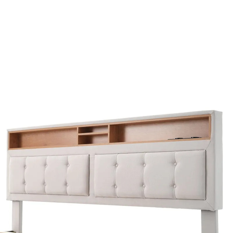 Lit double lin beige avec 4 tiroirs, rangement tête de lit et réglable, ports USB-C INFINITEQUAZX