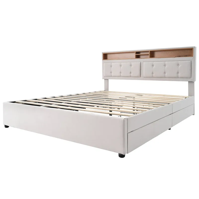 Lit double lin beige avec 4 tiroirs, rangement tête de lit et réglable, ports USB-C INFINITEQUAZX