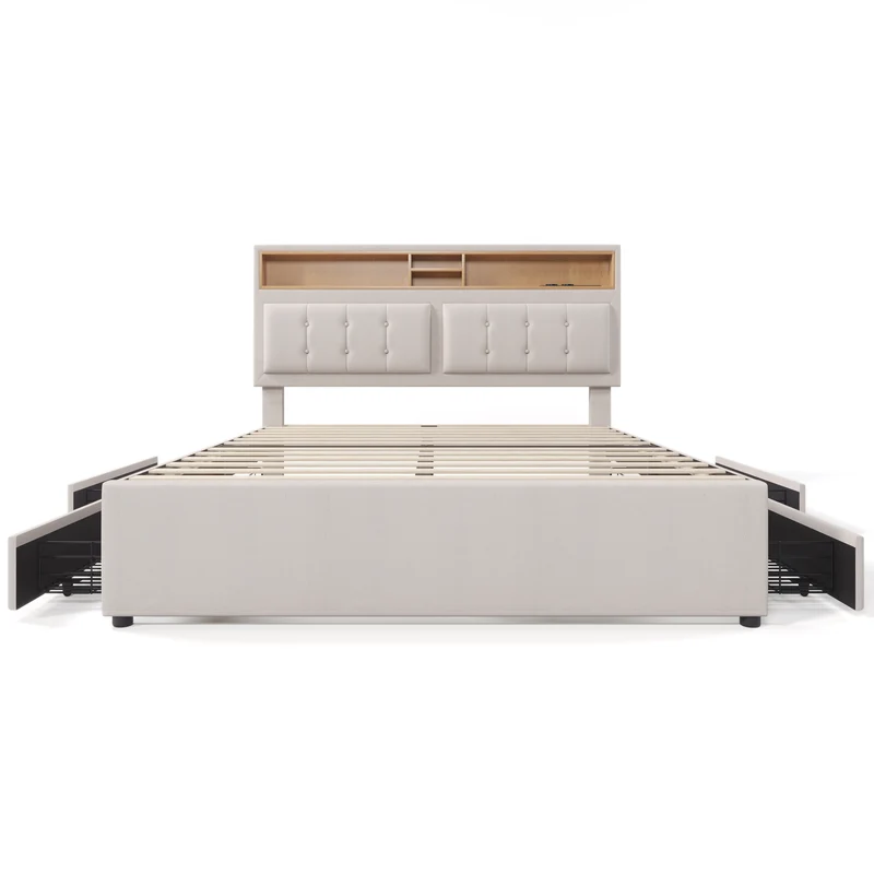 Lit double lin beige avec 4 tiroirs, rangement tête de lit et réglable, ports USB-C INFINITEQUAZX