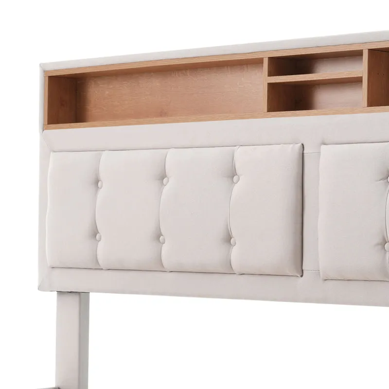 Lit double lin beige avec 4 tiroirs, rangement tête de lit et réglable, ports USB-C INFINITEQUAZX