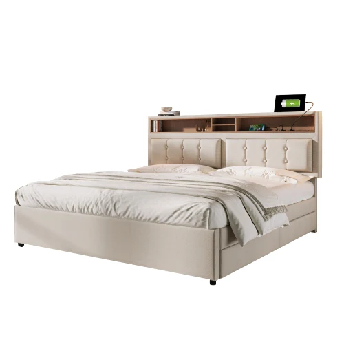 Lit double lin beige avec 4 tiroirs, rangement tête de lit et réglable, ports USB-C INFINITEQUAZX