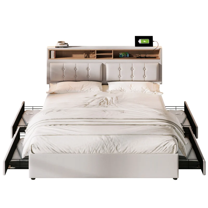 Lit double lin beige avec 4 tiroirs, rangement tête de lit et réglable, ports USB-C INFINITEQUAZX