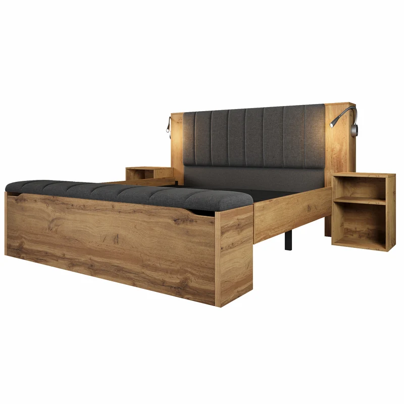 Lit queen effet bois chêne, tête de lit rabattable, 2 tables de chevet, banc-coffre, 160x200cm FLAREORR