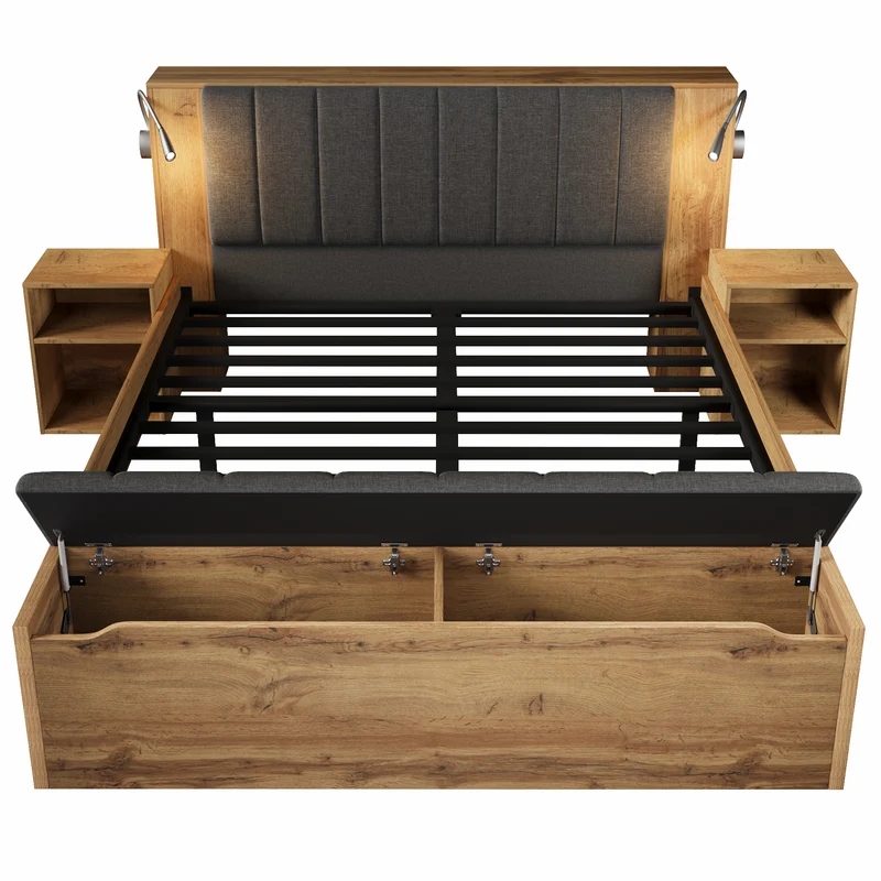 Lit queen effet bois chêne, tête de lit rabattable, 2 tables de chevet, banc-coffre, 160x200cm FLAREORR