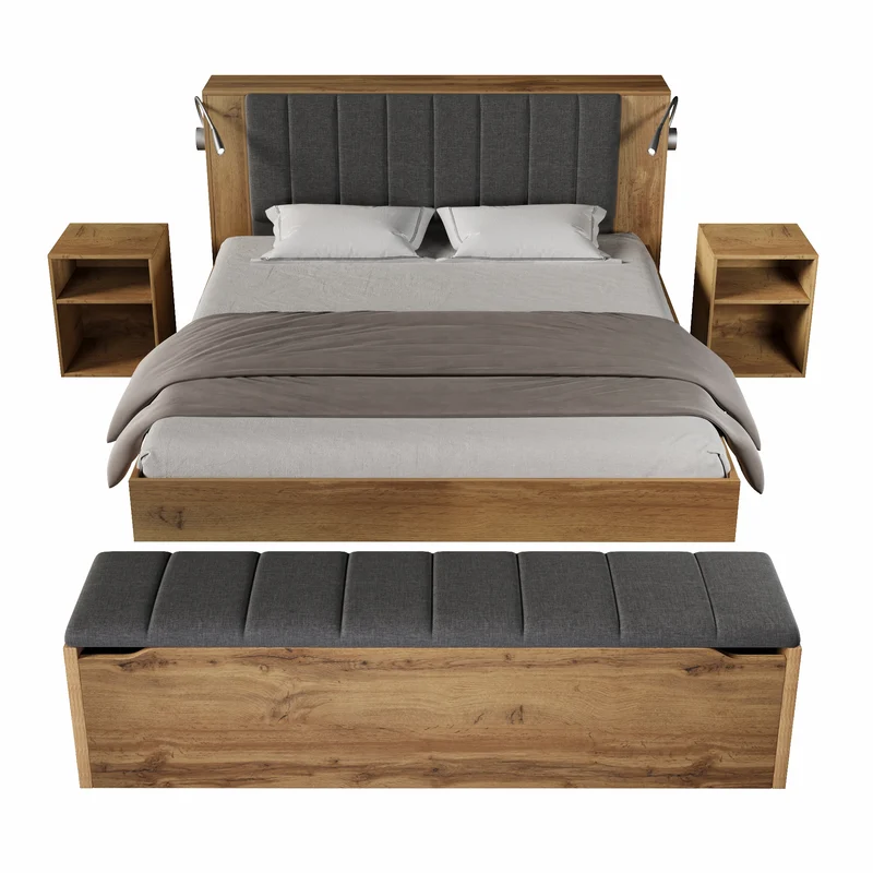Lit queen effet bois chêne, tête de lit rabattable, 2 tables de chevet, banc-coffre, 160x200cm FLAREORR