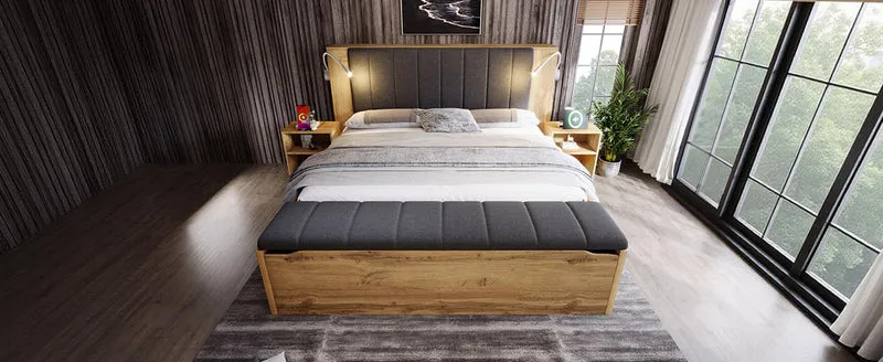 Lit queen effet bois chêne, tête de lit rabattable, 2 tables de chevet, banc-coffre, 160x200cm FLAREORR