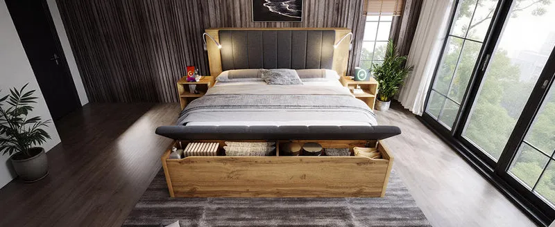 Lit queen effet bois chêne, tête de lit rabattable, 2 tables de chevet, banc-coffre, 160x200cm FLAREORR