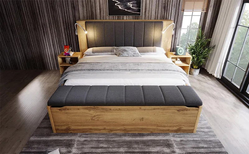 Lit queen effet bois chêne, tête de lit rabattable, 2 tables de chevet, banc-coffre, 160x200cm FLAREORR