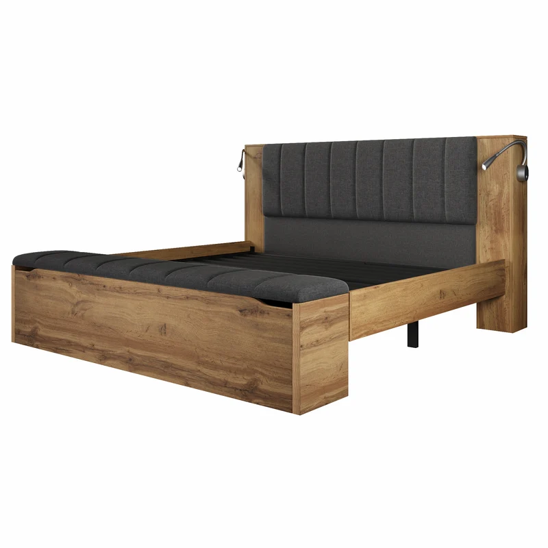 Lit queen effet bois chêne, tête de lit rabattable, 2 tables de chevet, banc-coffre, 160x200cm FLAREORR