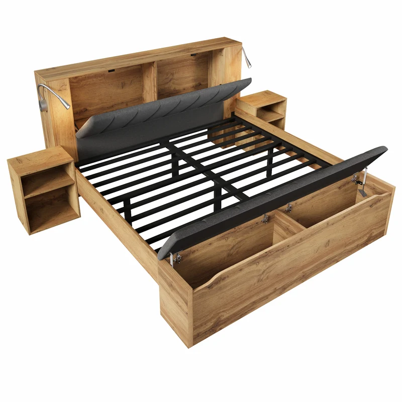 Lit queen effet bois chêne, tête de lit rabattable, 2 tables de chevet, banc-coffre, 160x200cm FLAREORR