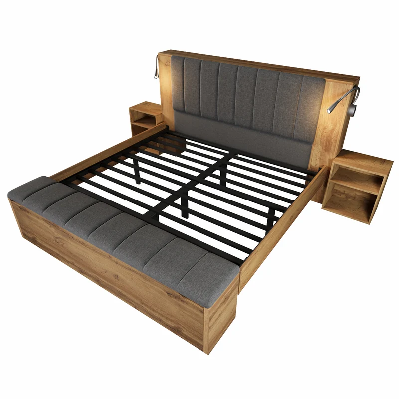 Lit queen effet bois chêne, tête de lit rabattable, 2 tables de chevet, banc-coffre, 160x200cm FLAREORR