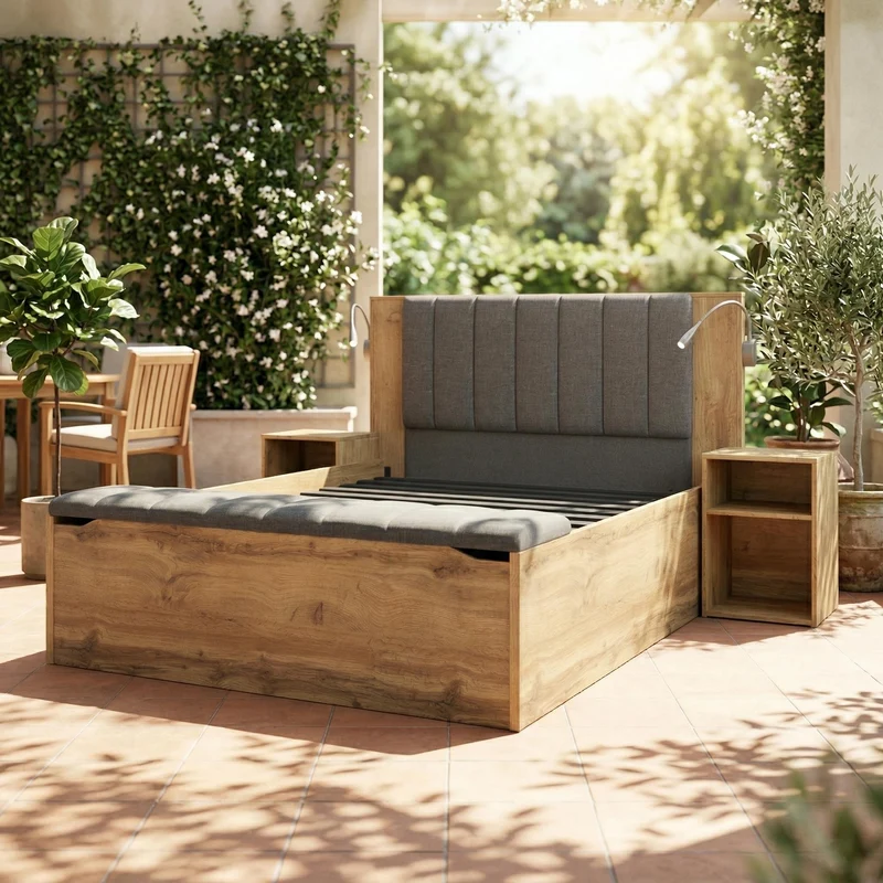 Lit queen effet bois chêne, tête de lit rabattable, 2 tables de chevet, banc-coffre, 160x200cm FLAREORR