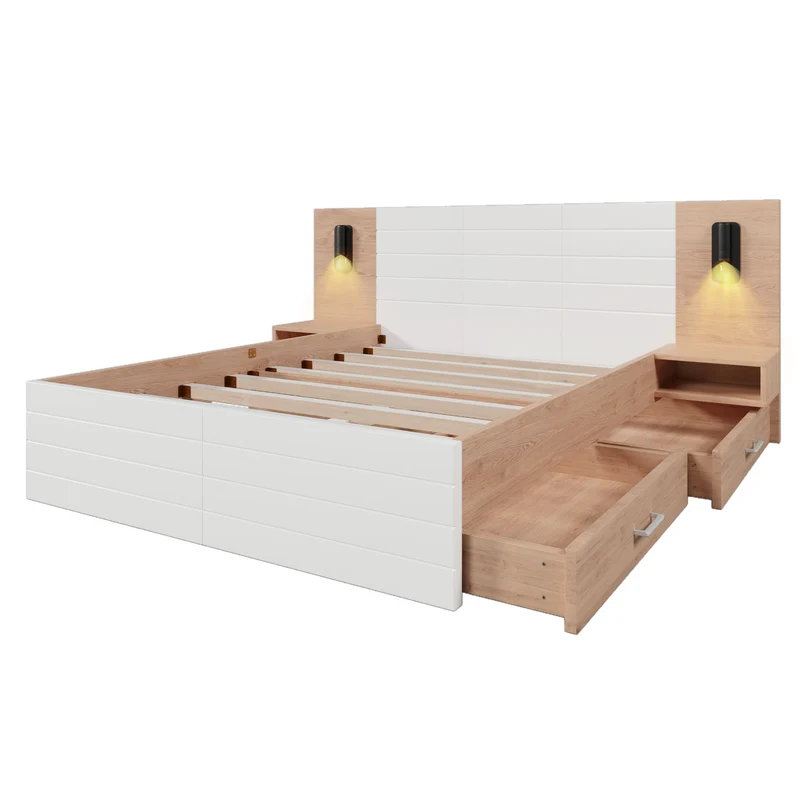 Lit queen effet bois et blanc avec 2 tiroirs, LED & USB, 2 tables de chevet 160x200cm INFINITEINFIN