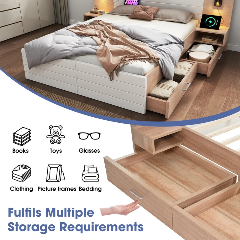 Lit queen effet bois et blanc avec 2 tiroirs, LED & USB, 2 tables de chevet 160x200cm INFINITEINFIN