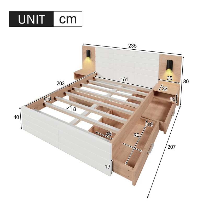 Lit queen effet bois et blanc avec 2 tiroirs, LED & USB, 2 tables de chevet 160x200cm INFINITEINFIN