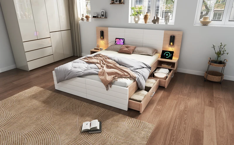 Lit queen effet bois et blanc avec 2 tiroirs, LED & USB, 2 tables de chevet 160x200cm INFINITEINFIN