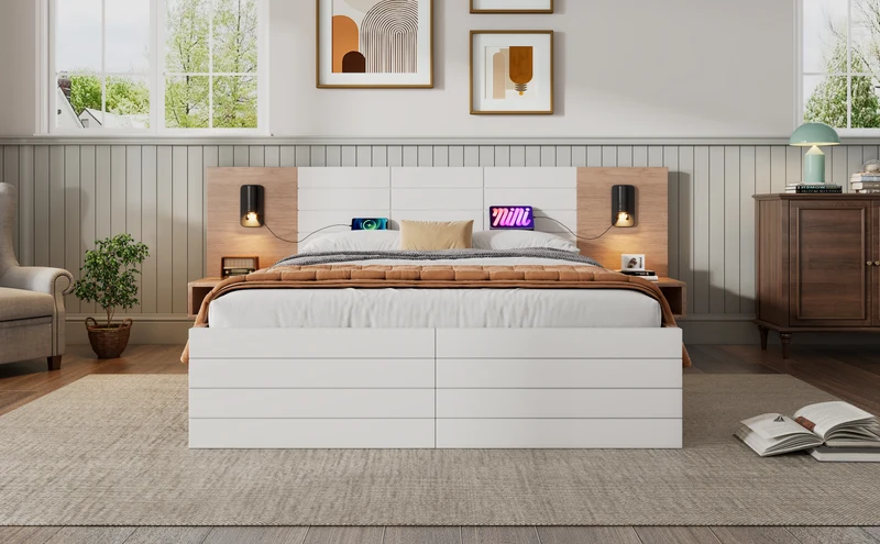 Lit queen effet bois et blanc avec 2 tiroirs, LED & USB, 2 tables de chevet 160x200cm INFINITEINFIN
