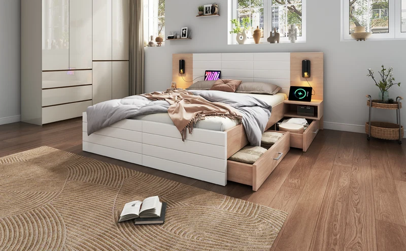 Lit queen effet bois et blanc avec 2 tiroirs, LED & USB, 2 tables de chevet 160x200cm INFINITEINFIN