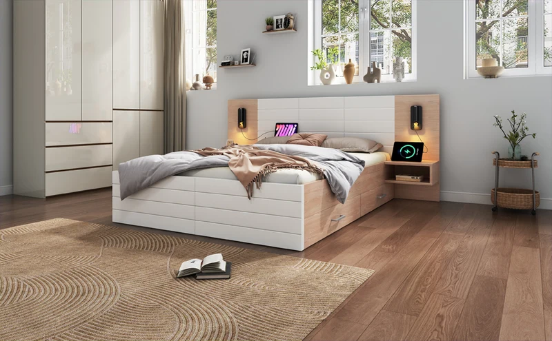 Lit queen effet bois et blanc avec 2 tiroirs, LED & USB, 2 tables de chevet 160x200cm INFINITEINFIN
