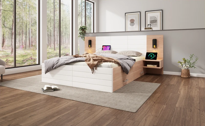 Lit queen effet bois et blanc avec 2 tiroirs, LED & USB, 2 tables de chevet 160x200cm INFINITEINFIN