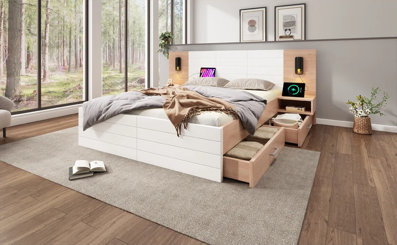 Lit queen effet bois et blanc avec 2 tiroirs, LED & USB, 2 tables de chevet 160x200cm INFINITEINFIN