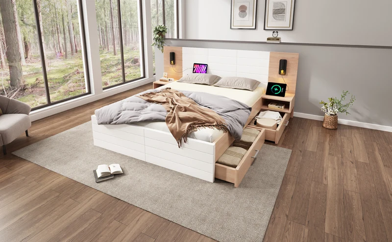 Lit queen effet bois et blanc avec 2 tiroirs, LED & USB, 2 tables de chevet 160x200cm INFINITEINFIN