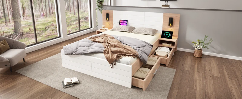 Lit queen effet bois et blanc avec 2 tiroirs, LED & USB, 2 tables de chevet 160x200cm INFINITEINFIN